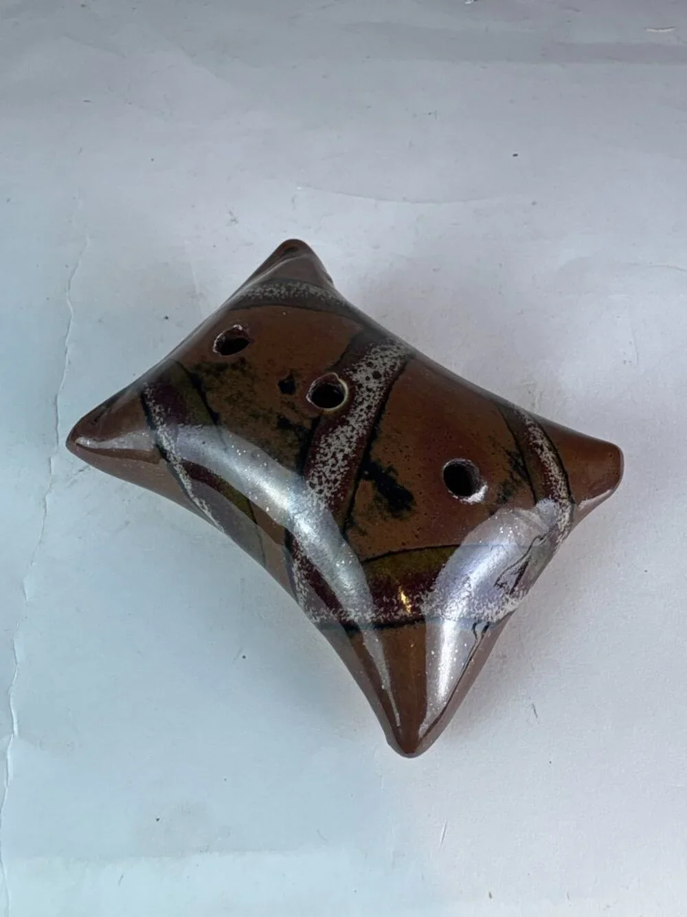 Vintage Studio Pottery Flower Frog Vase, Abstract Tree Design, Three Hole Ikeban
